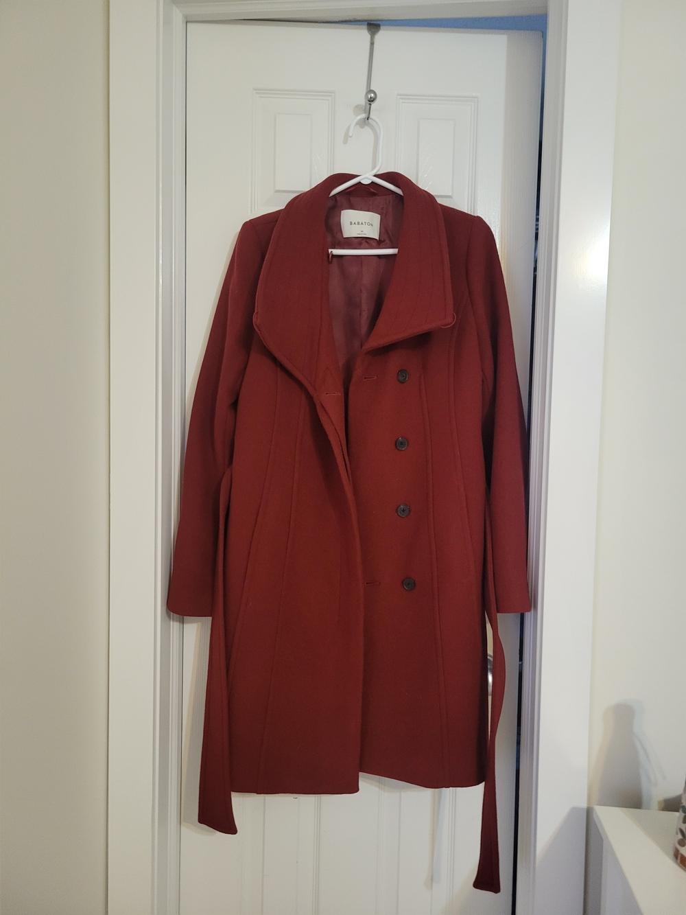 Babaton Women's Rust Red Virgin Wool Blend Coat with Shawl Collarsize M